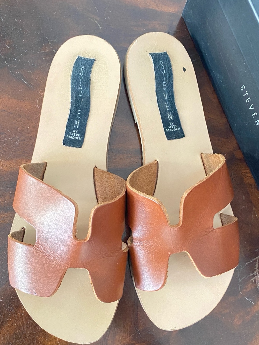 Steven by Steve Madden Dark Cognac Leather Slide Sandals 6.5 - Picture 3 of 7